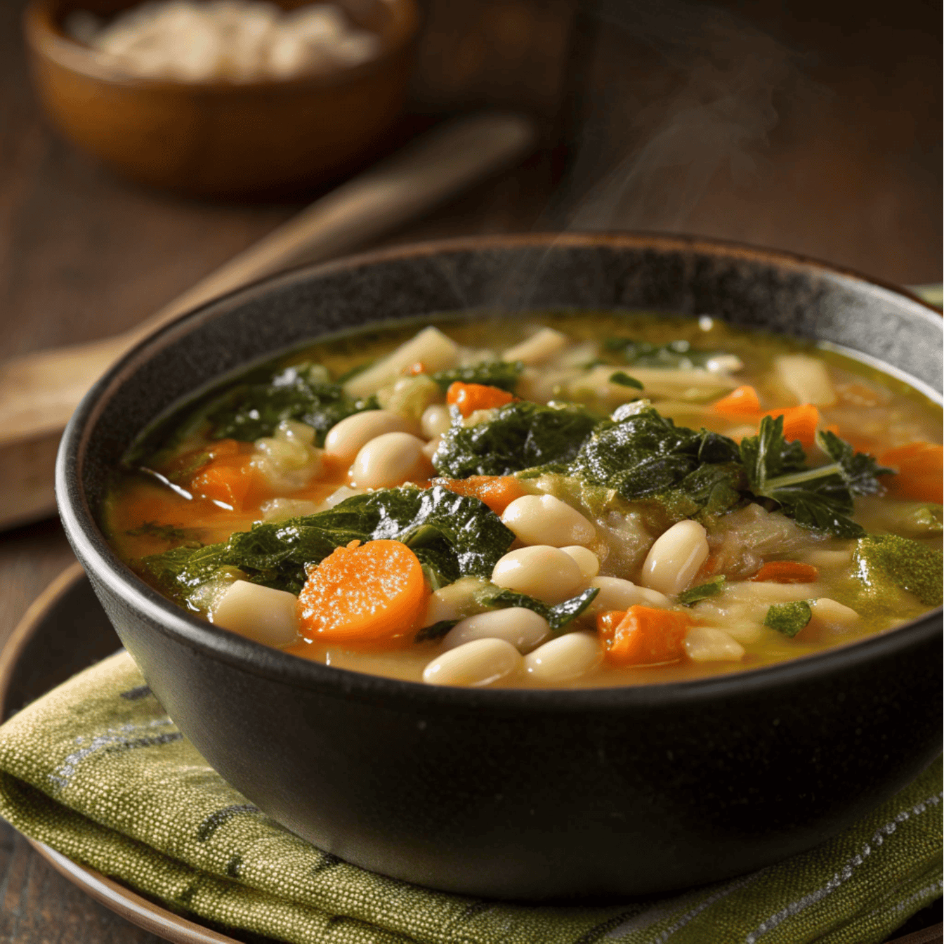 Hero shot of Tuscan white bean soup with carrots, celery, kale, and golden broth in a dark bowl.