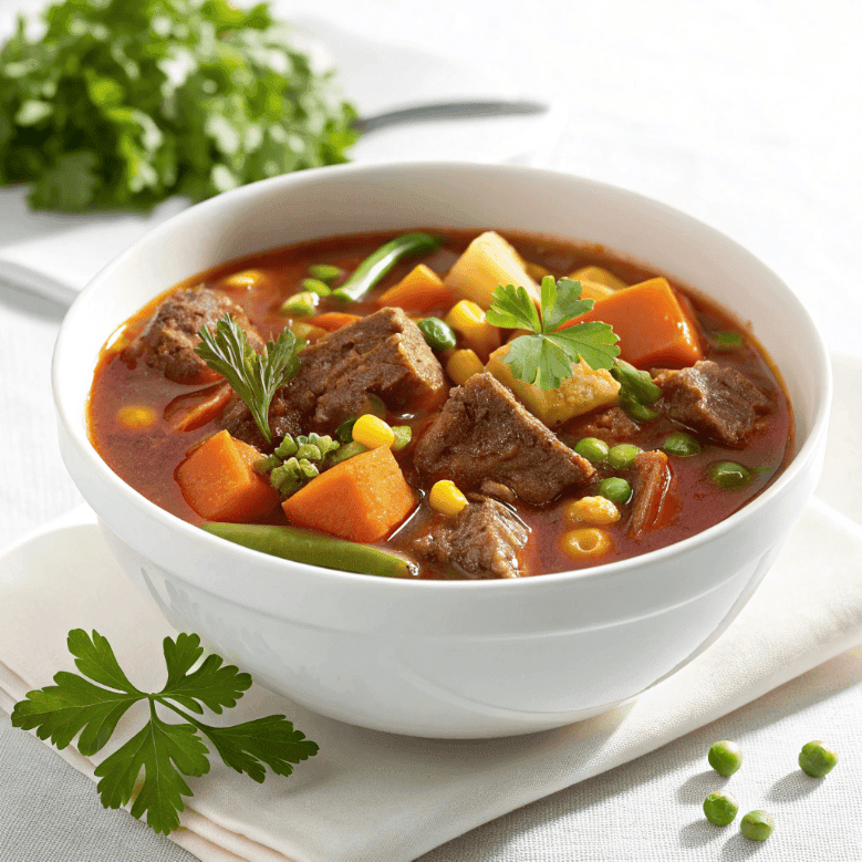 Vegetable beef soup served in a white bowl with colorful vegetables and beef chunks