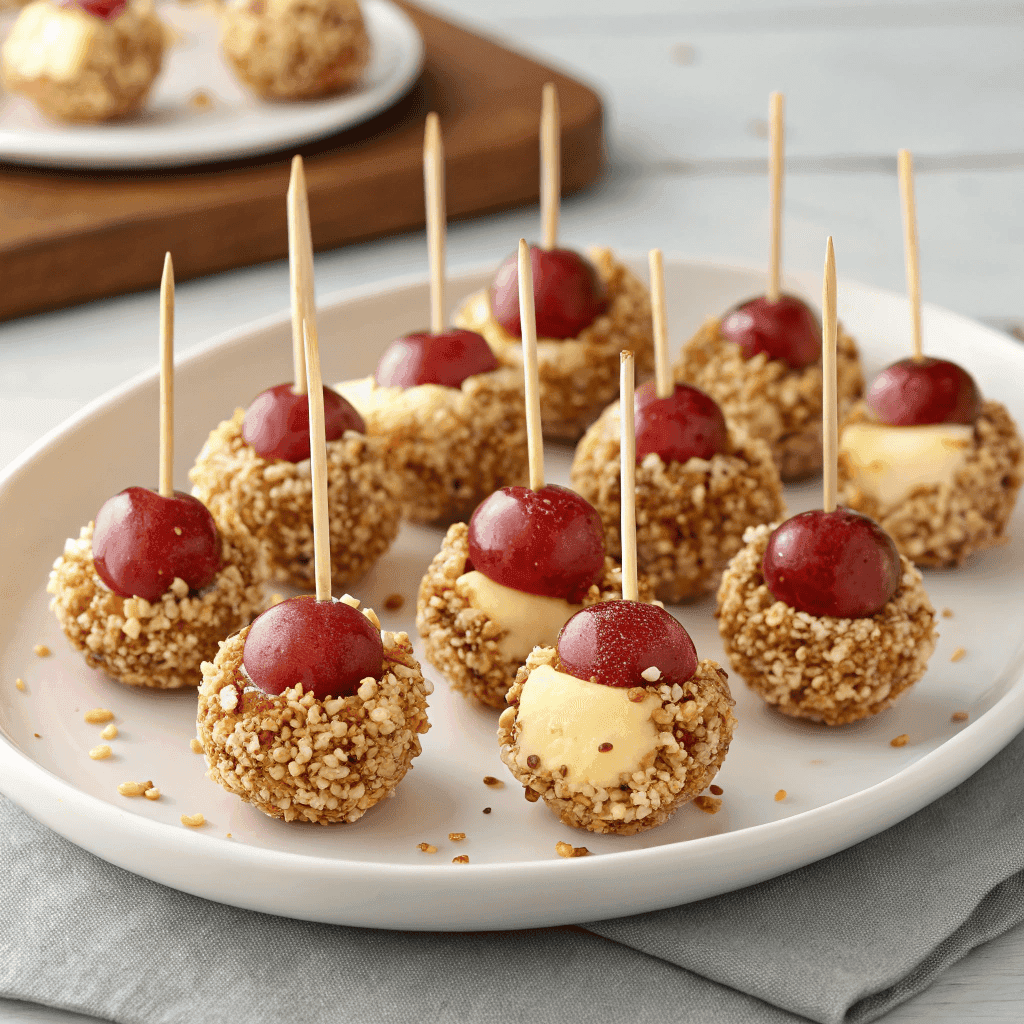Macro close-up of a nut-coated grape appetizer showing crunchy texture and creamy cheese layer.