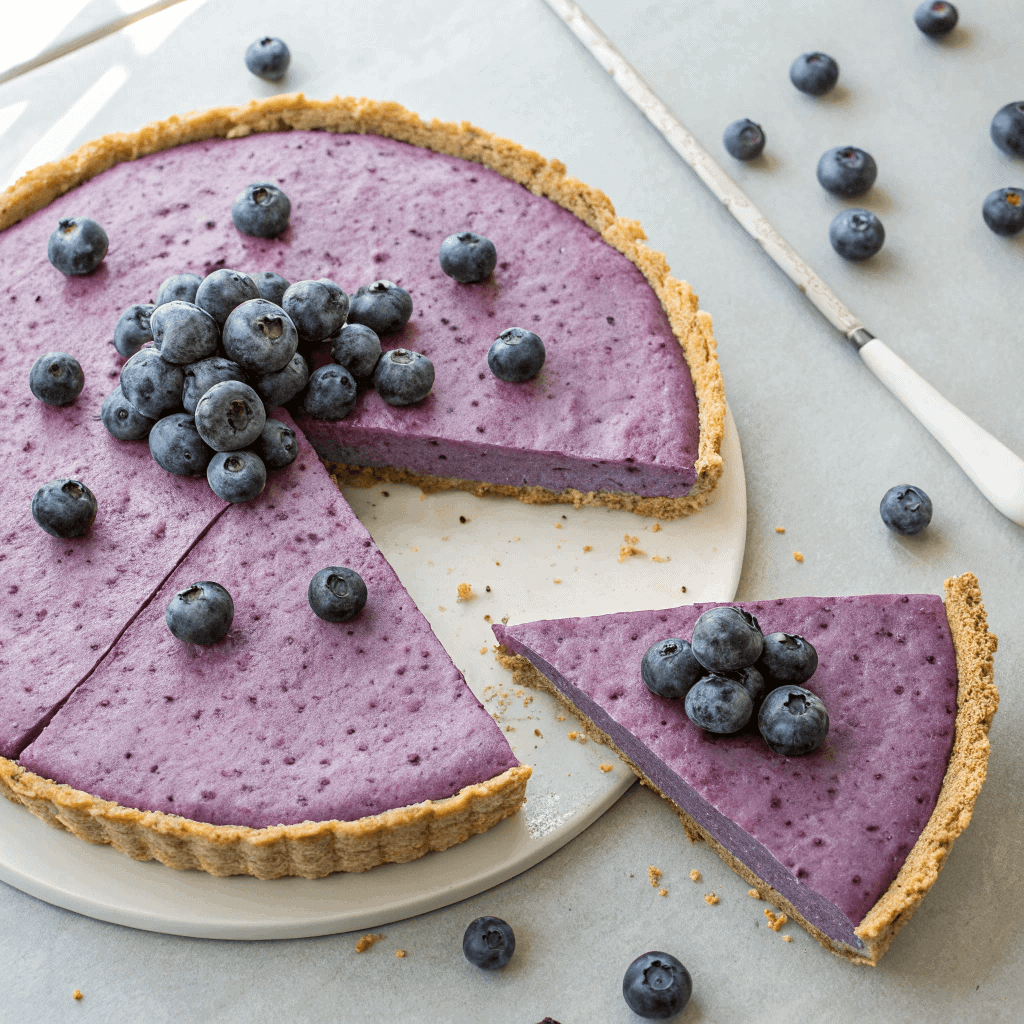 Whole no-bake blueberry chia seed pie with one slice removed showing chia-speckled purple filling and berries.