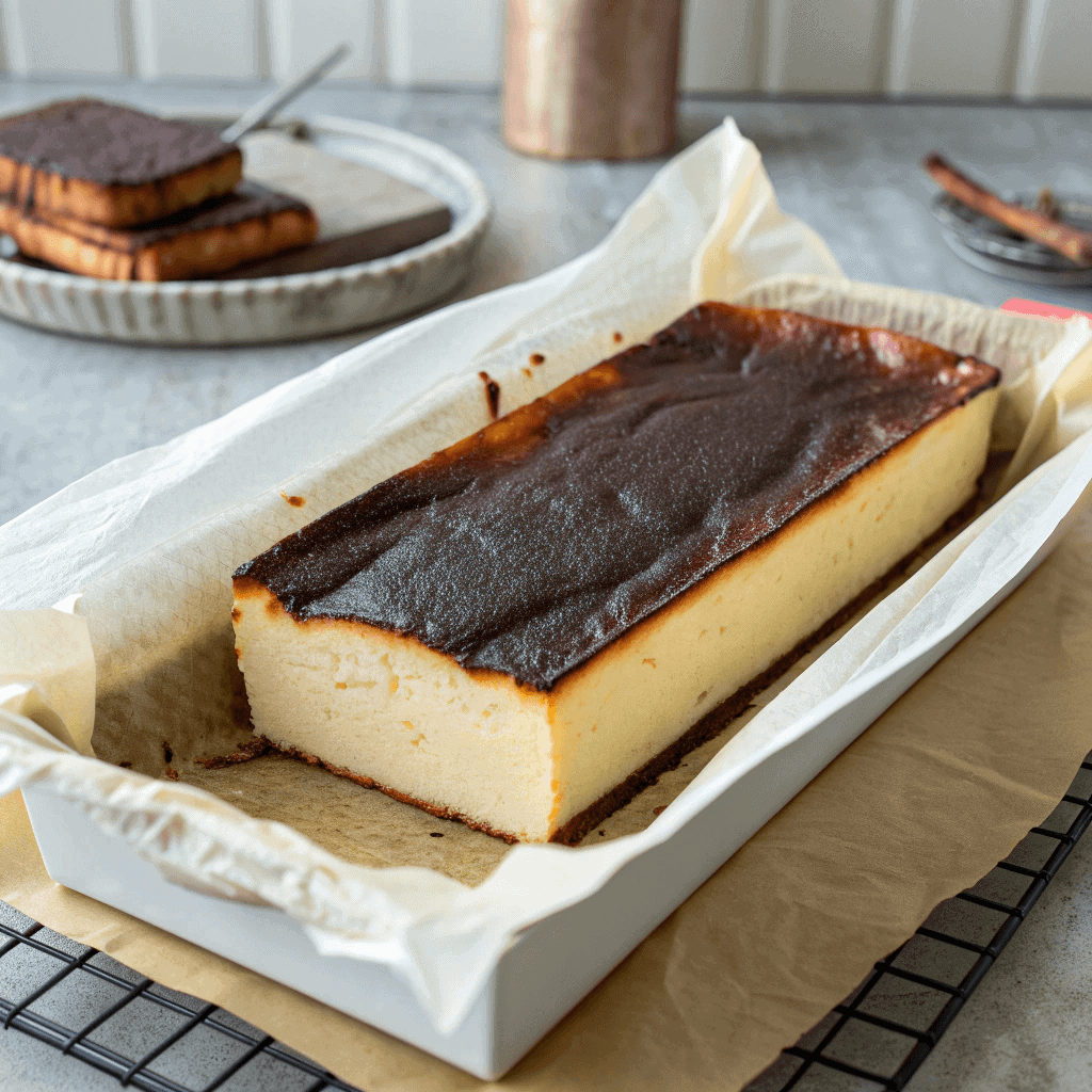 Whole rectangular burnt Basque cheesecake loaf with cracked caramelized top and parchment lining.
