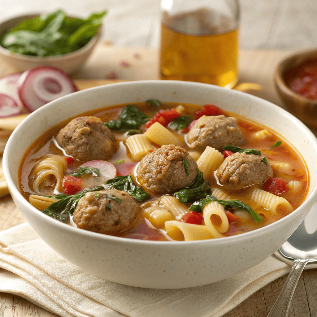 Full bowl of Italian meatball soup showing meatballs, pasta, vegetables, and rich broth.