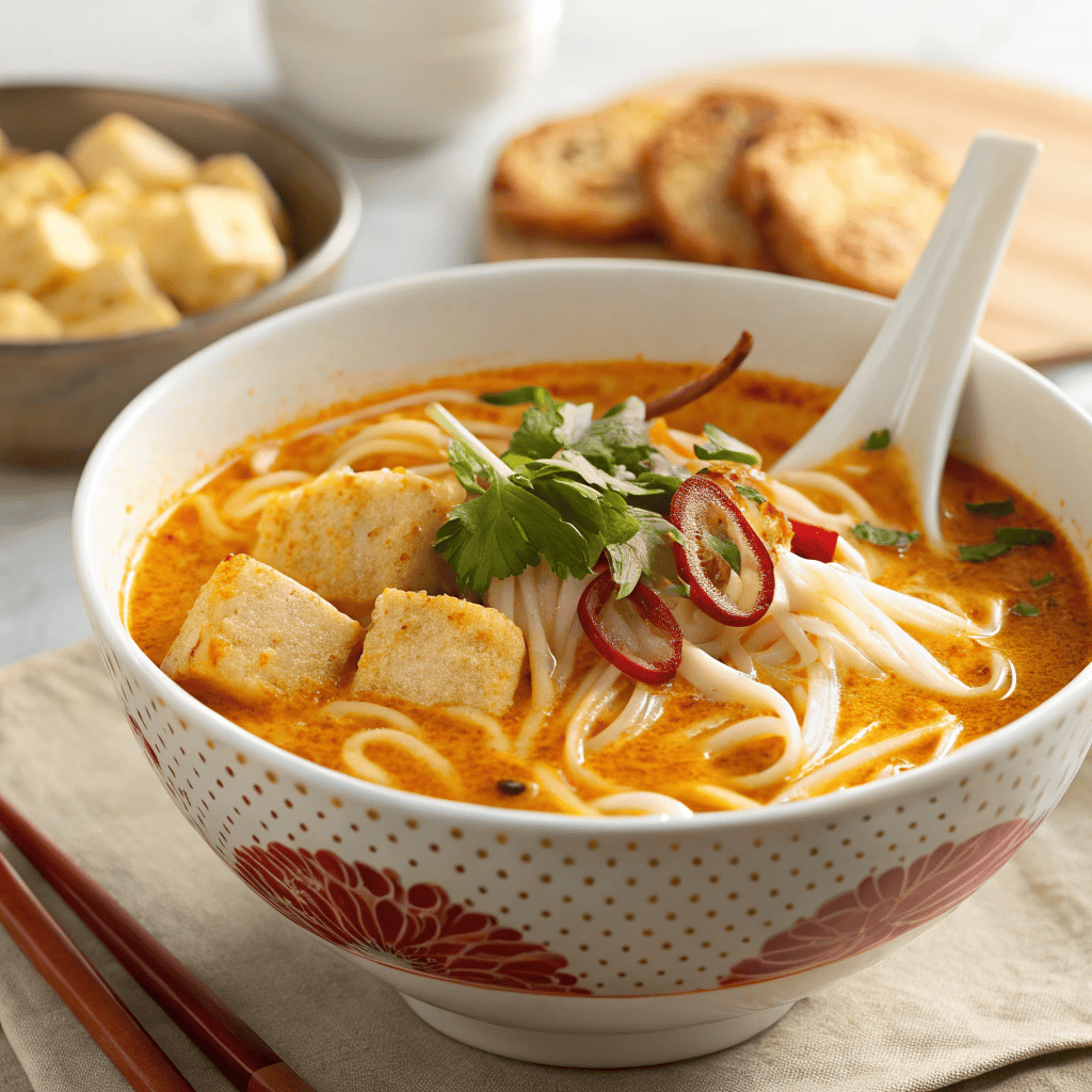 Laksa noodle soup in a white bowl with creamy coconut broth, rice noodles, bean sprouts, and herbs.