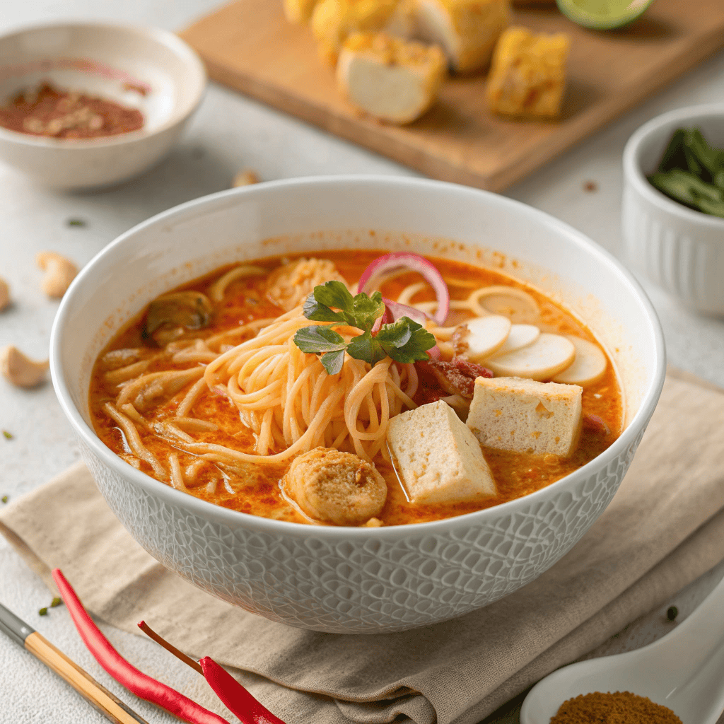 Full bowl of laksa noodle soup with coconut curry broth, noodles, tofu, protein, and fresh garnishes.