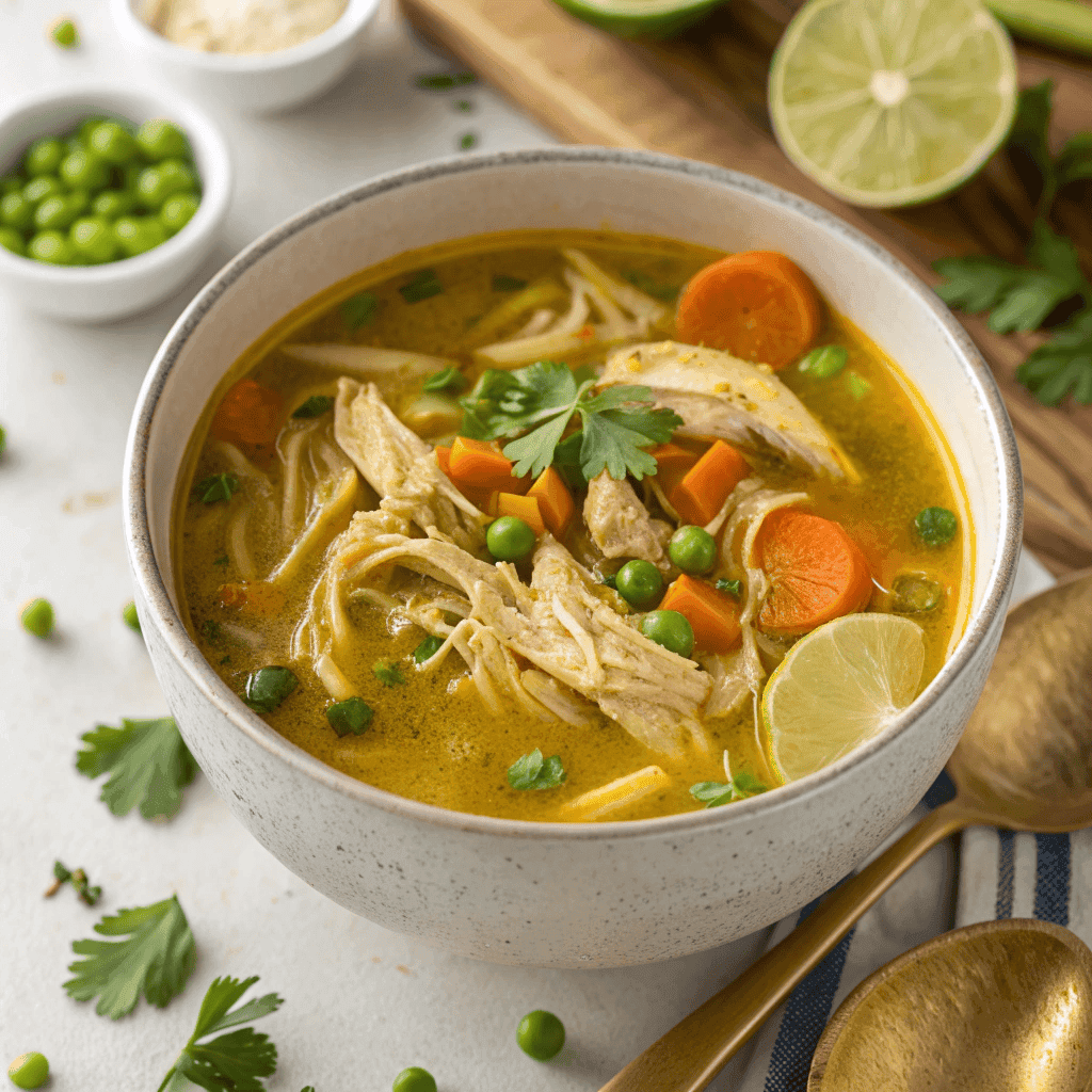 Easy Turmeric Chicken Soup – Healing Comfort in Every Bowl 2 Full bowl of turmeric chicken soup with shredded chicken, vegetables, herbs, and lime garnish.