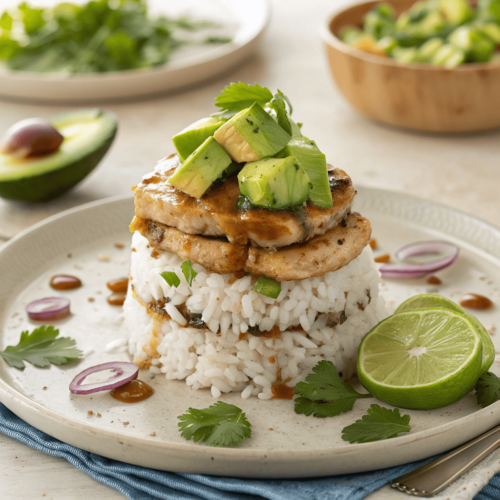 Honey lime chicken served on avocado and rice stack with fresh herbs and lime on a white plate.