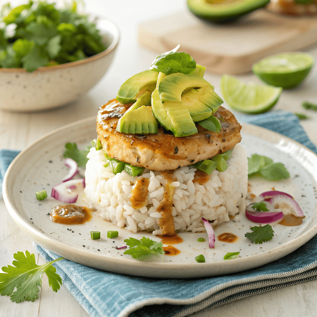 Full honey lime chicken avocado rice stack with layered textures and glossy glaze.