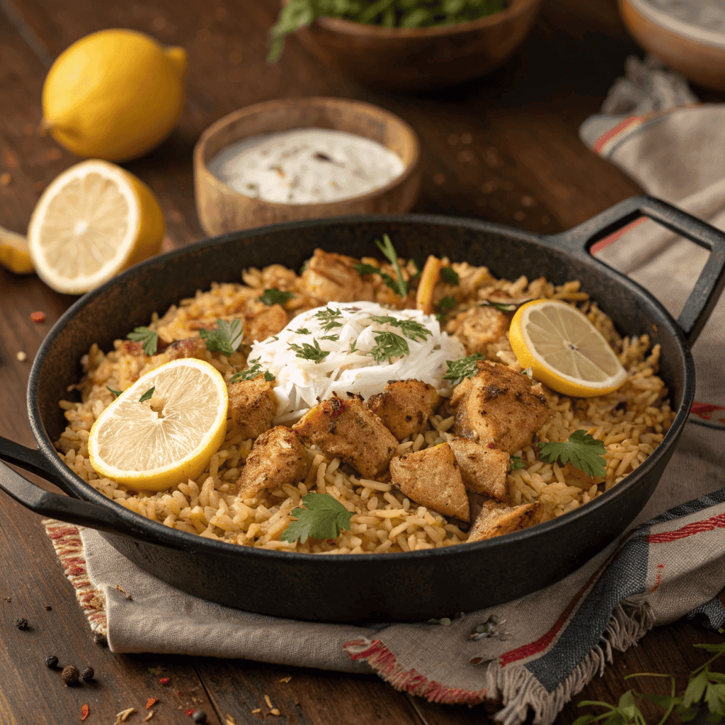 Full skillet of chicken shawarma rice with spiced rice, grilled chicken, lemon wedges, and yogurt sauce.