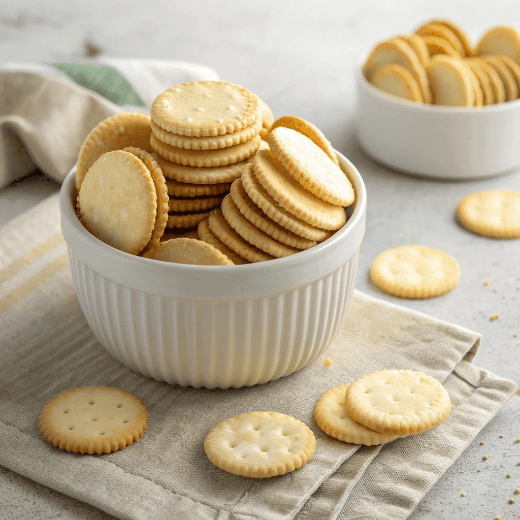 Full bowl of thin golden butter crackers with crisp texture arranged naturally for serving.