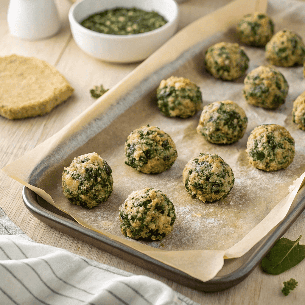 Full batch of baked spinach ricotta bites with breadcrumb crust shown on a parchment-lined tray.
