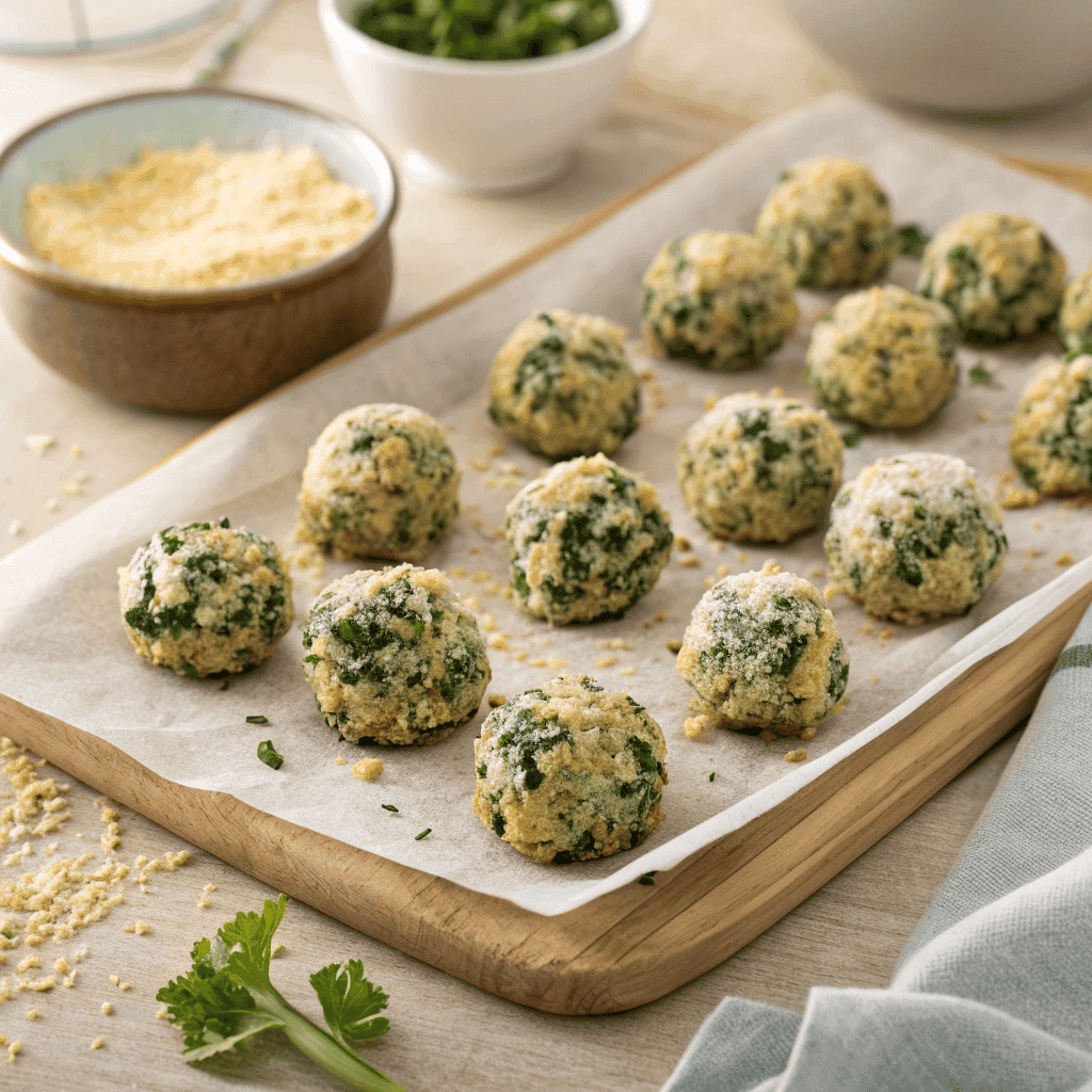 Full batch of baked spinach ricotta bites with breadcrumb crust shown on a parchment-lined tray.