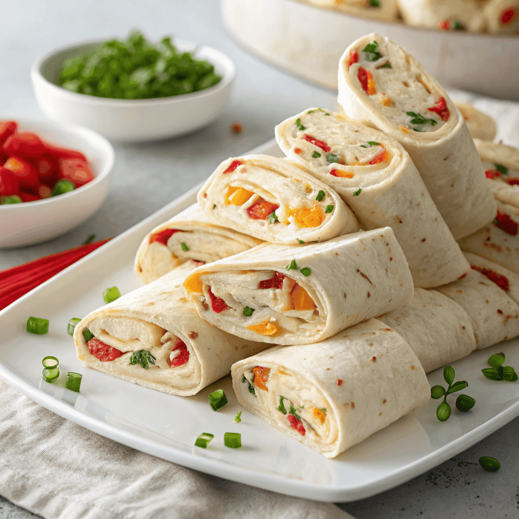 Neatly sliced cream cheese tortilla bites with colorful vegetable filling served on a clean white plate.