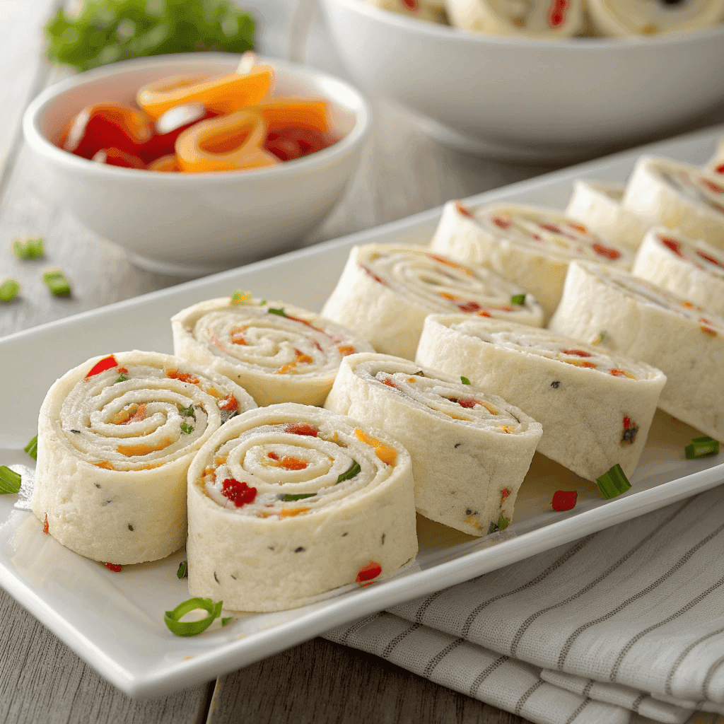 Full platter of cream cheese tortilla pinwheel bites stacked and garnished with green onions.