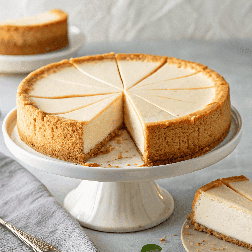 Whole New York cheesecake with one slice removed, showing tall creamy filling and thick graham crust.