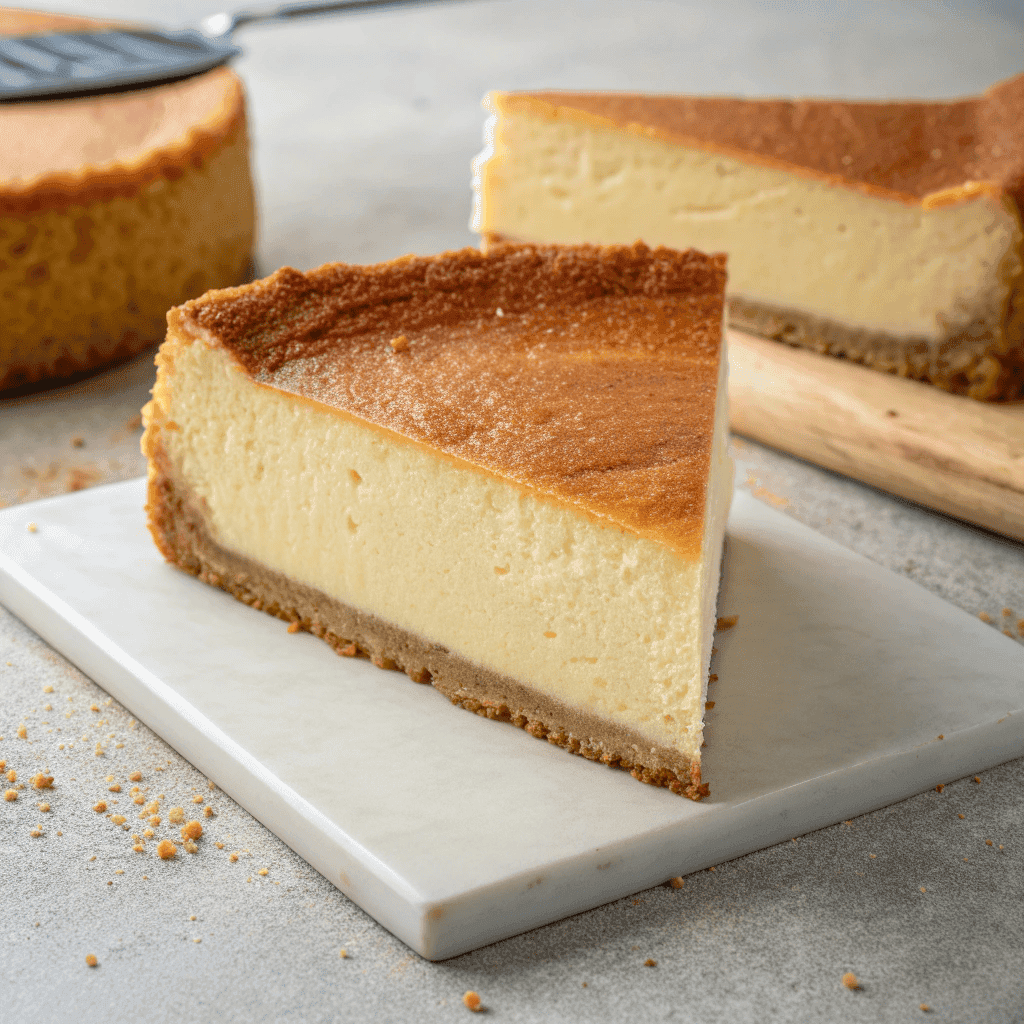 Thick slice of New York cheesecake with smooth creamy filling and graham cracker crust on a white plate.