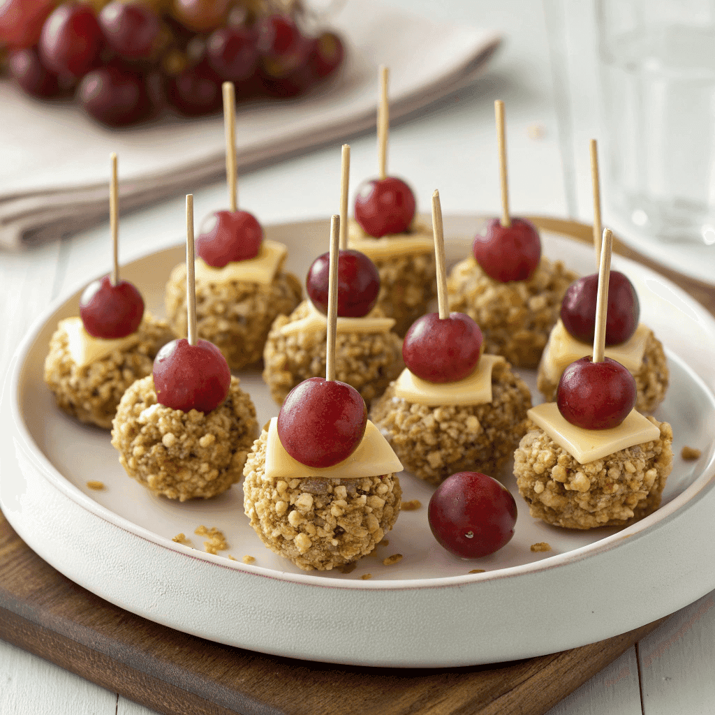 Full platter of creamy nut-coated grape appetizers with toothpicks arranged for serving.
