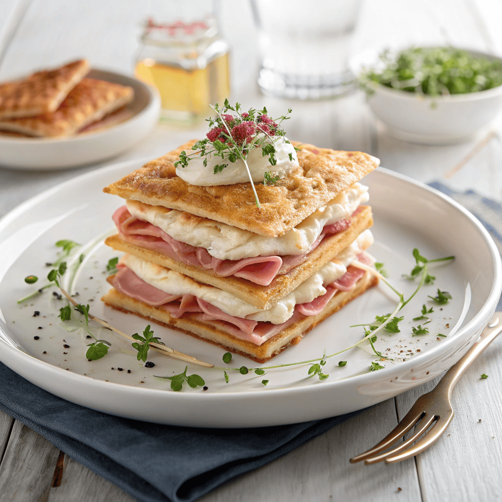 Best Savory Ricotta Mille-Feuille with Lemon & Thyme 2 Full view of savory mille-feuille with layered puff pastry, cream filling, cured ham, and microgreens on a ceramic plate.