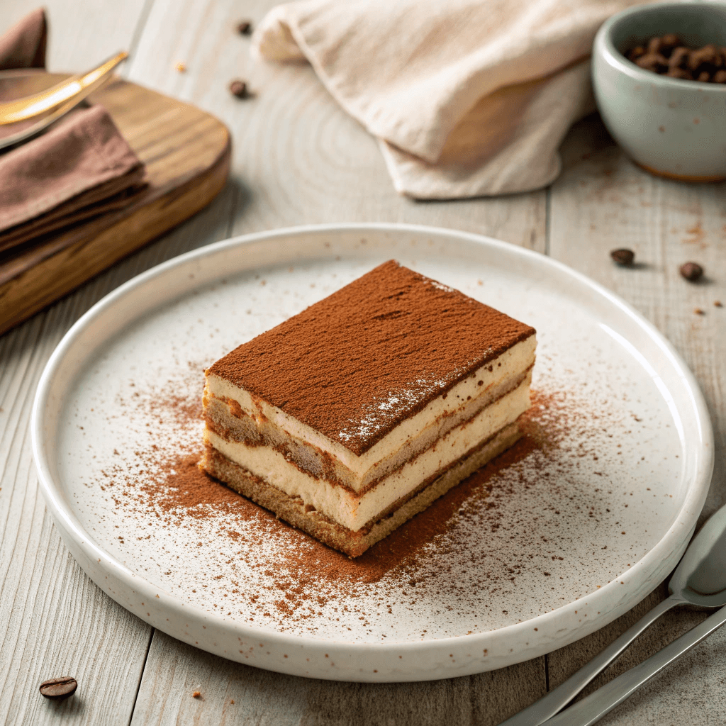 Full view of Millionaire’s tiramisu on a ceramic plate with cocoa topping, layered cream, chocolate, and caramel center.