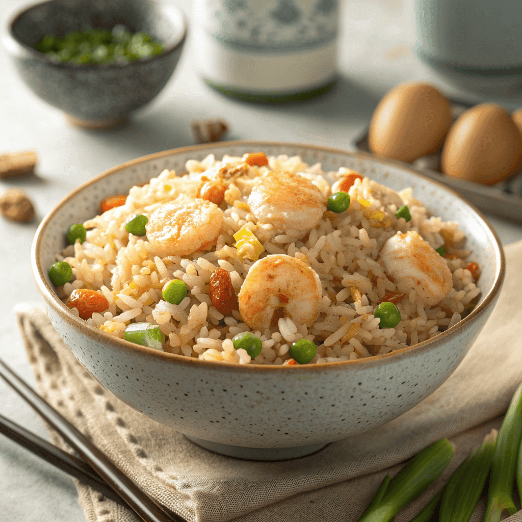 Full bowl of Bang Bang fried rice with shrimp, eggs, carrots, onions, and green onions.