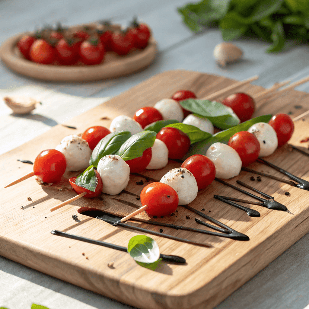 Full serving of caprese salad skewers on a wooden board with tomatoes, mozzarella, basil, and balsamic drizzle.