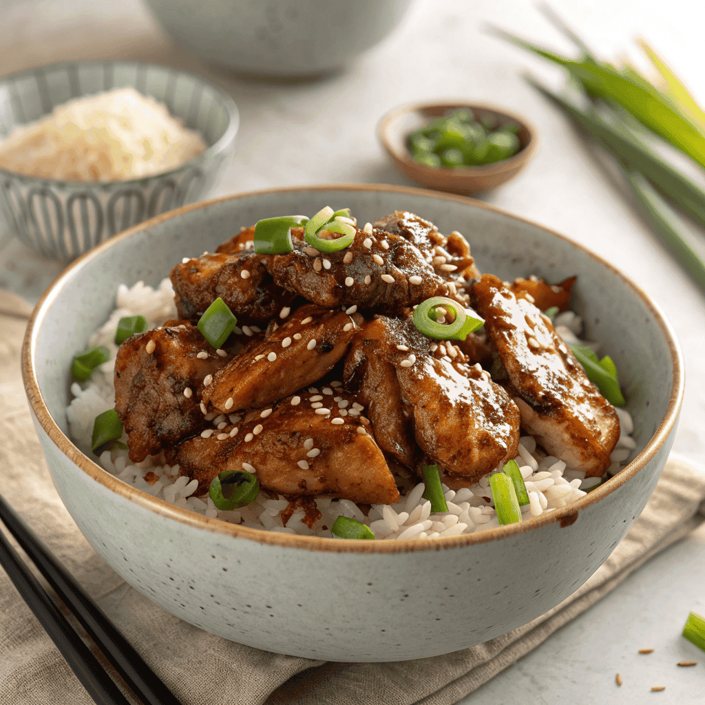 Full bowl of chicken bulgogi over rice with glossy sauce, char marks, sesame seeds, and green onions.