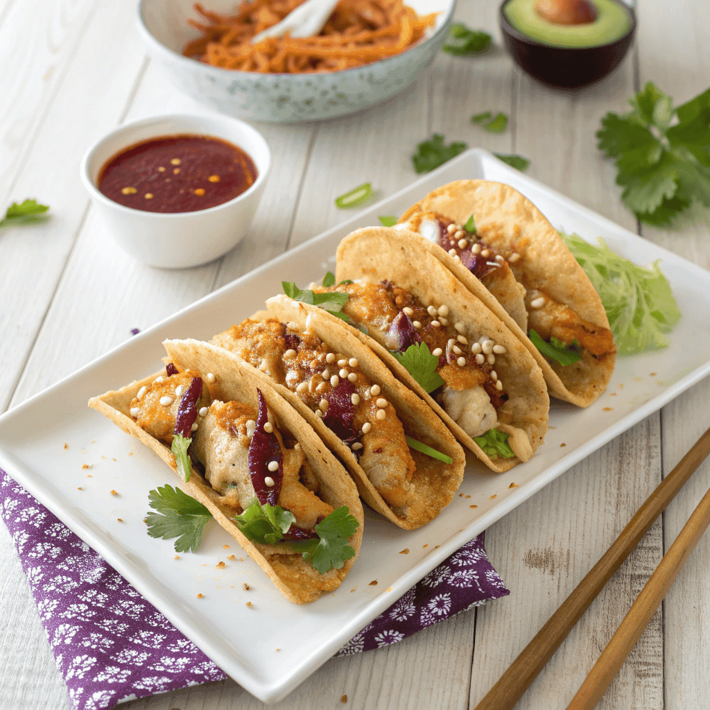 Full view of chicken wonton tacos on a white plate showing crispy shells, cabbage slaw, sesame seeds, cilantro, and sweet chili sauce.