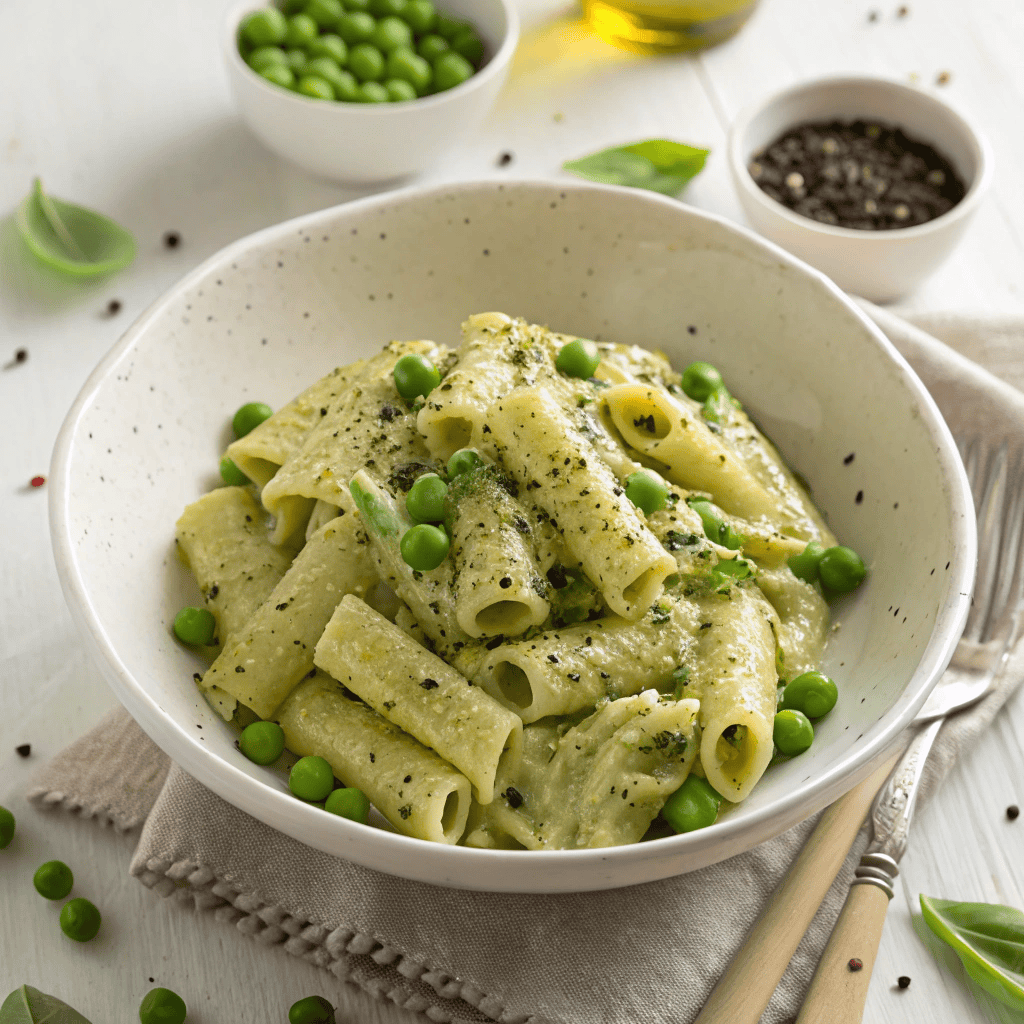 Full view of creamy pea pasta in a white bowl with green pea sauce, tubular pasta, and whole peas.