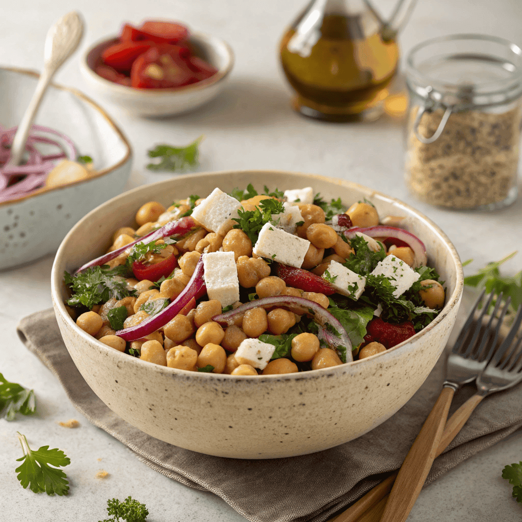 Full bowl of divorce salad with chickpeas, dates, red onion, herbs, and white cheese.