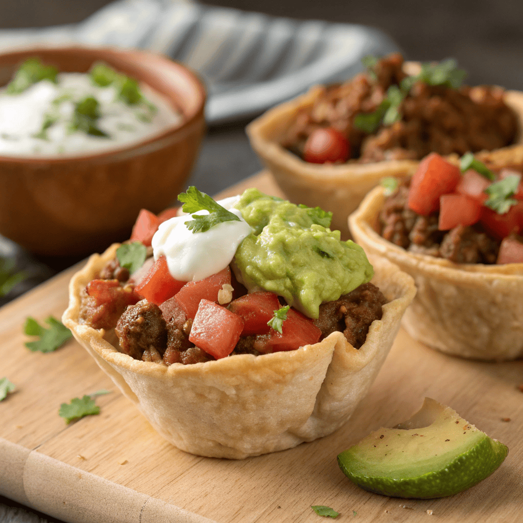 Easy Cheesy Beef Taco Cups Recipe 3 Macro close-up of beef taco cups showing crispy tortilla, seasoned beef, melted cheese, guacamole, and sour cream.