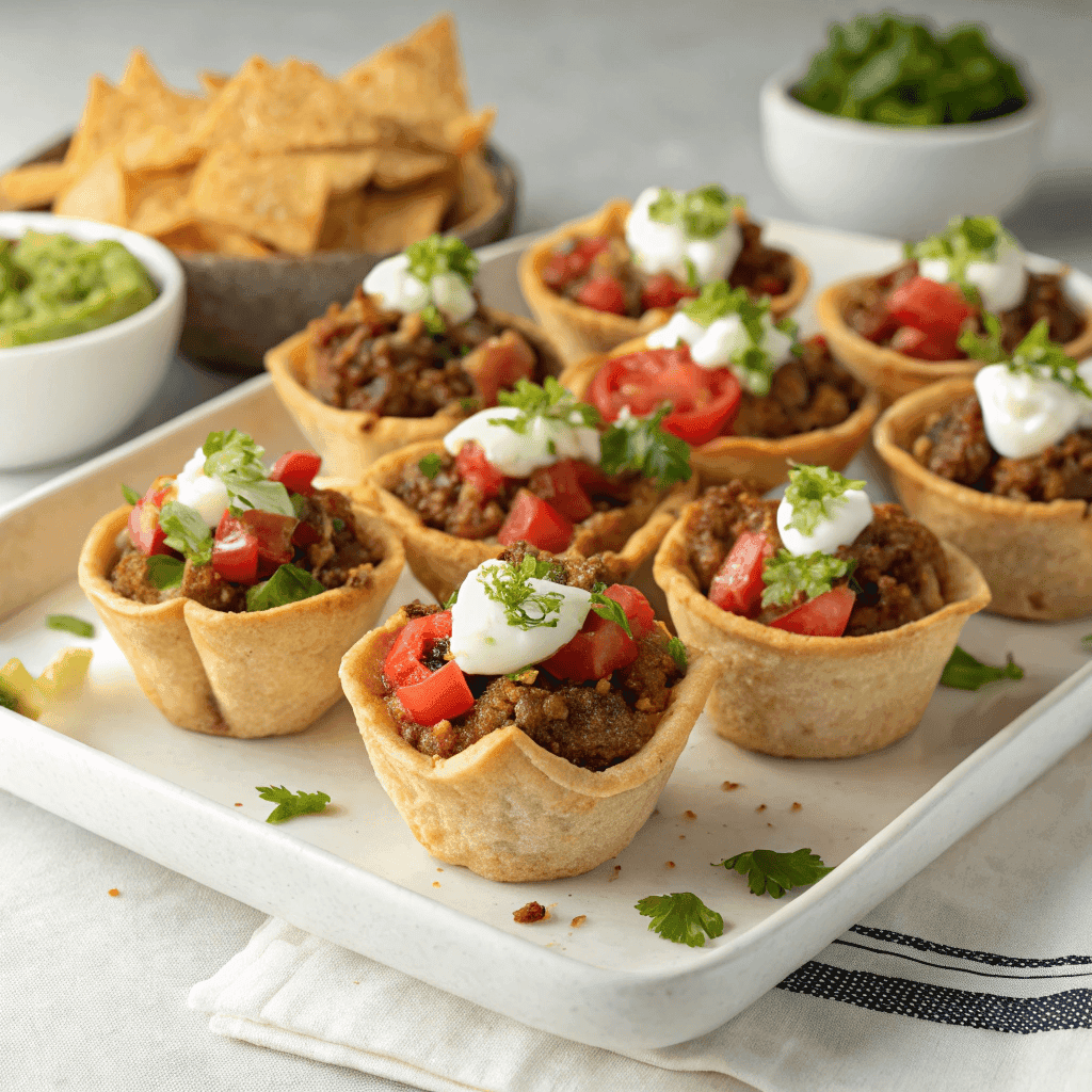 Easy Cheesy Beef Taco Cups Recipe 2 Platter of easy beef taco cups with crispy shells, seasoned beef, cheese, and fresh toppings.