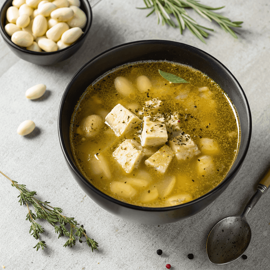 Full bowl of Greek healing soup with clear olive oil broth, potatoes, white beans, herbs, and pepper.