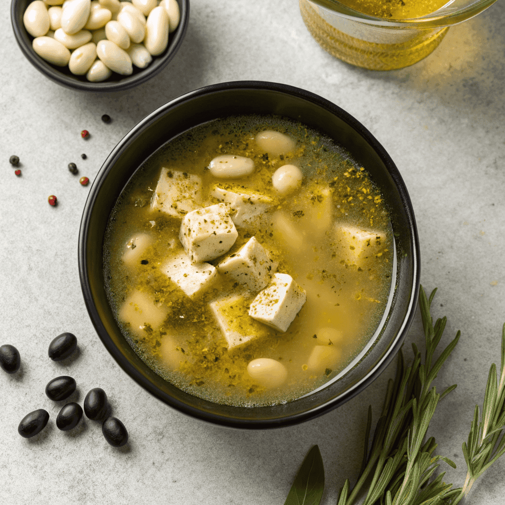 Greek healing soup in a white bowl with clear broth, potatoes, white beans, herbs, olive oil, and pepper.