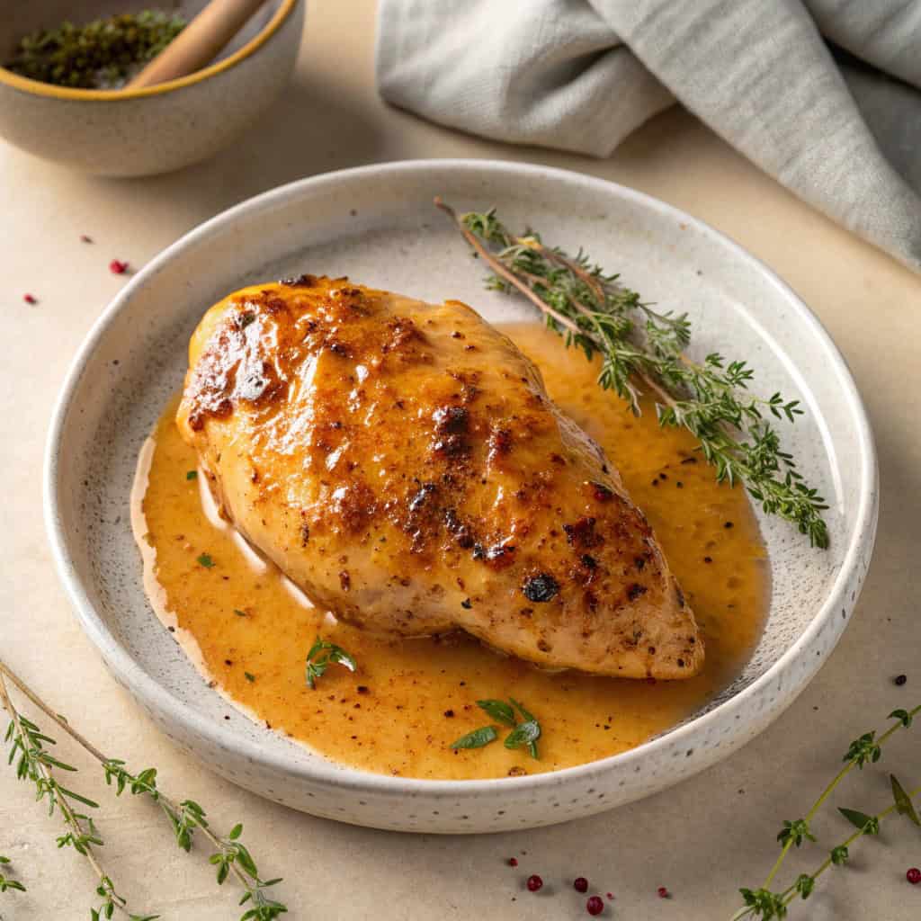 Plated honey mustard chicken with golden glaze, herbs, and sauce pooling on the plate.