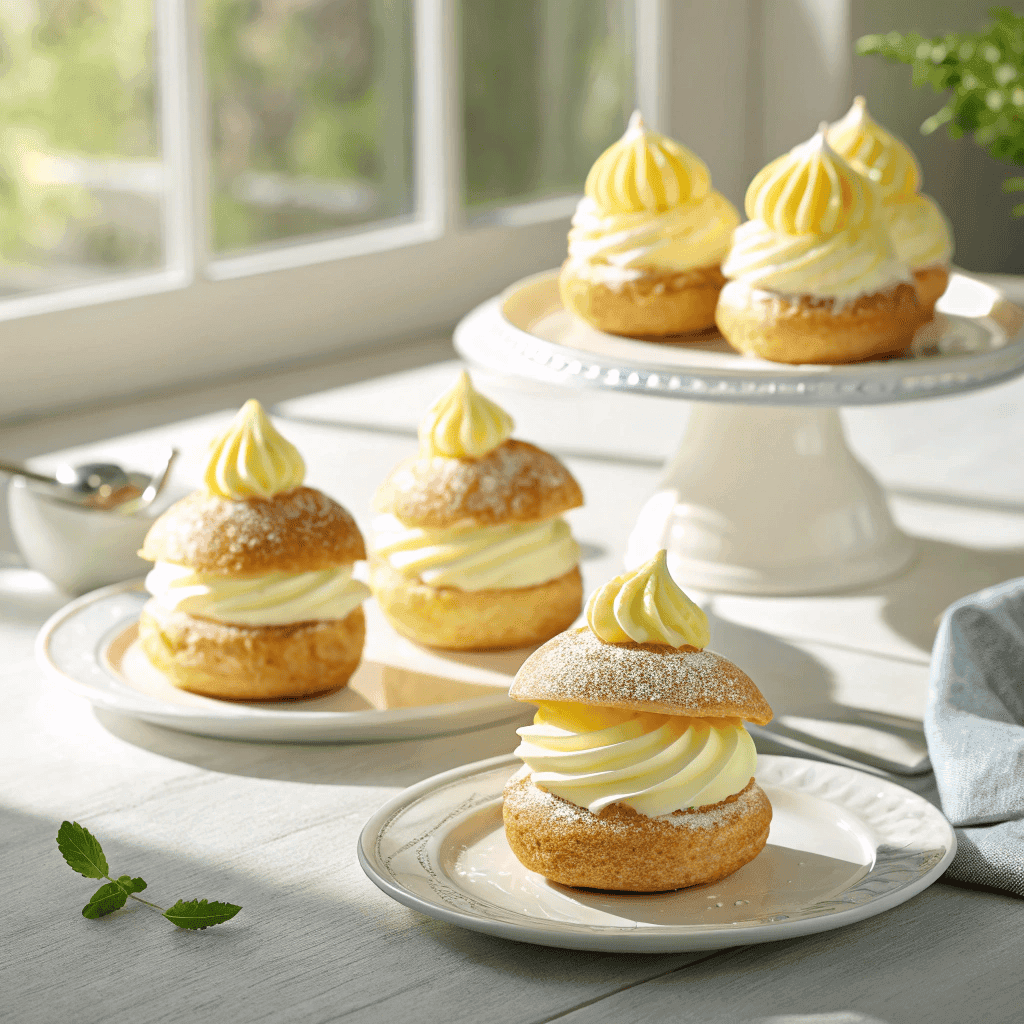 Multiple lemon cream–filled choux pastries arranged on plates with one cut open.