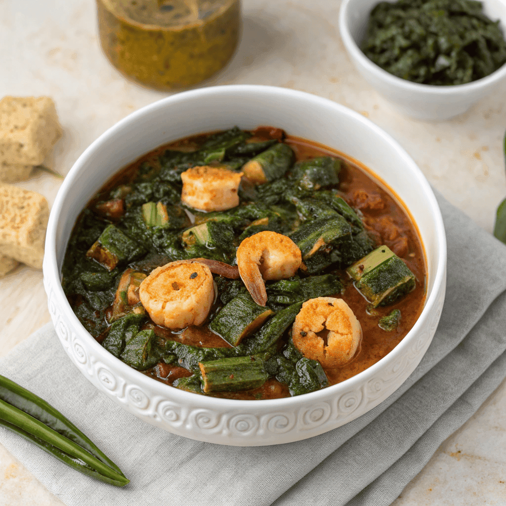 Full view of Nigerian okra soup in a white bowl showing thick okra stew, shrimp, and green vegetables.