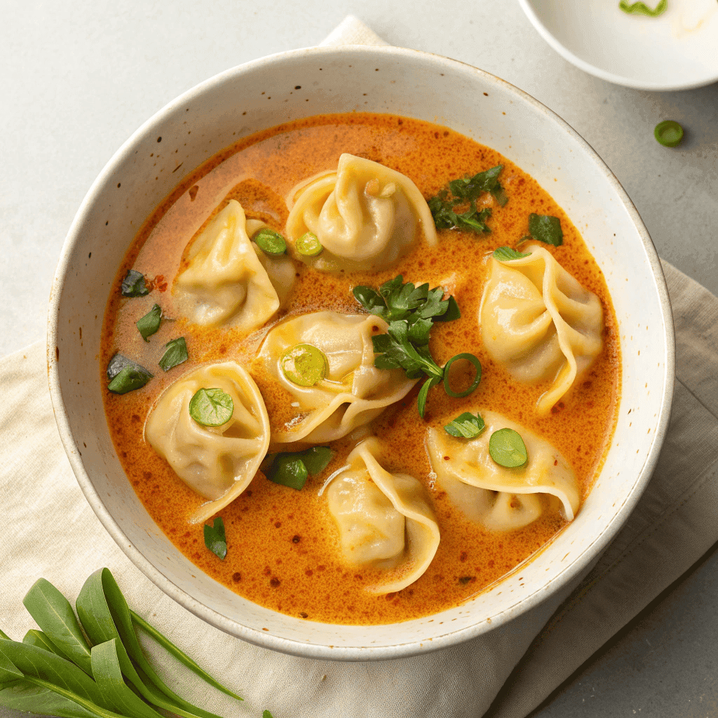 Creamy Thai Red Curry Dumpling Soup 2 Full bowl of red curry dumpling soup with creamy coconut broth, evenly spaced dumplings, and leafy greens.