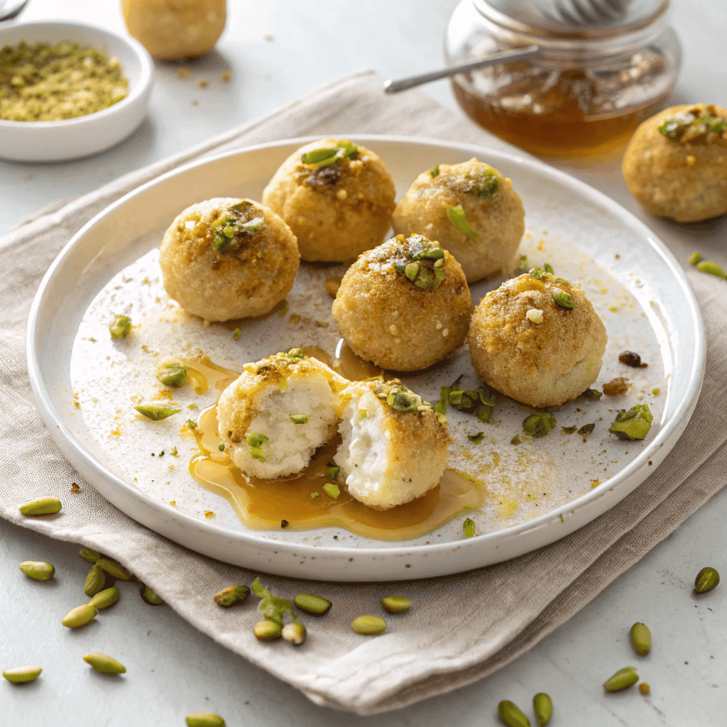 Full view of ricotta pistachio honey bites on a white plate with honey syrup, chopped pistachios, and one bite cut open.