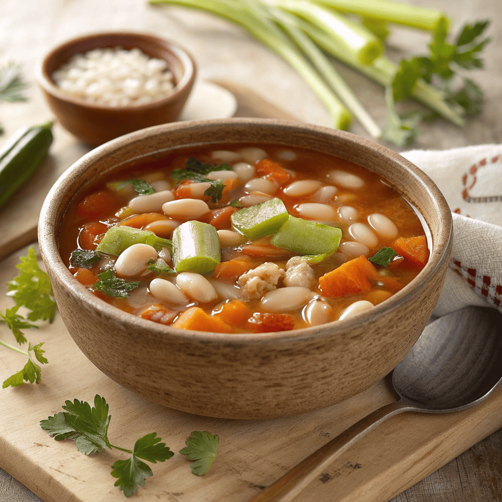 Full bowl of Sardinian longevity soup with mixed beans, vegetables, herbs, and clear tomato broth.