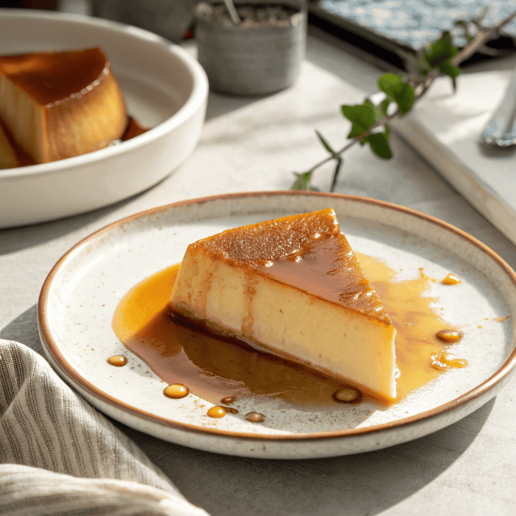 Whole plated Spanish flan slice with caramel glaze and sauce on a white dish.
