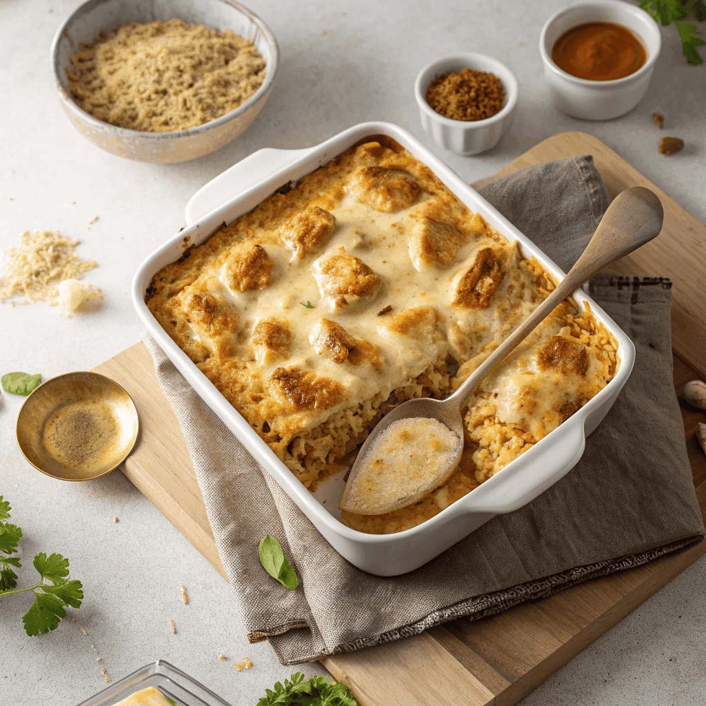 Full casserole of stick of butter chicken and rice with creamy texture and golden baked top.