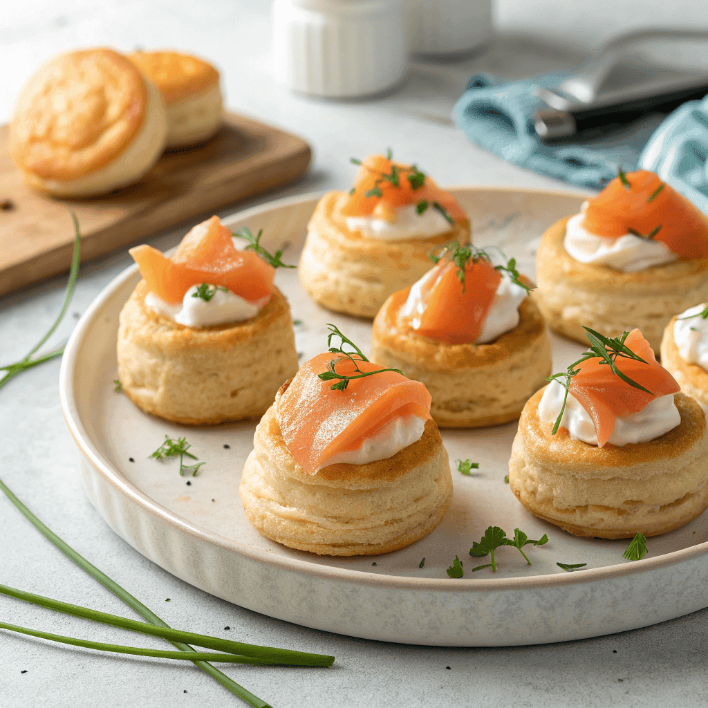 Plate of smoked salmon puff pastry bites topped with cream cheese and chives.