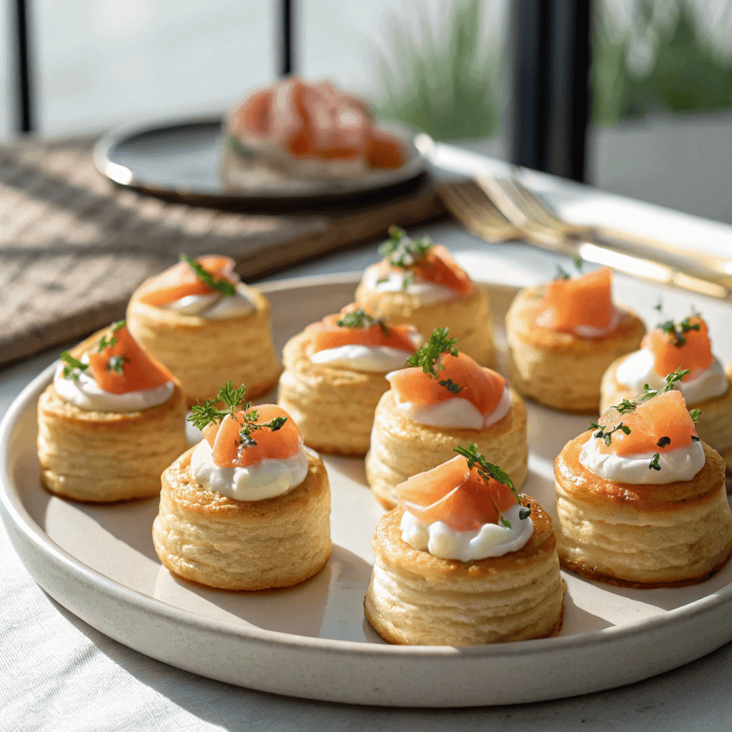Plate of smoked salmon puff pastry bites topped with cream cheese and chives.