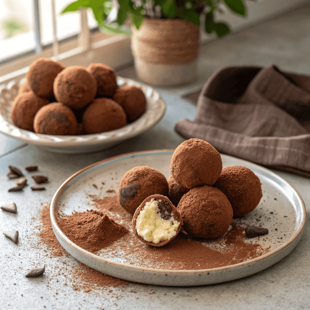 Full serving of cocoa-coated tiramisu balls arranged on a plate with visible crumb texture.