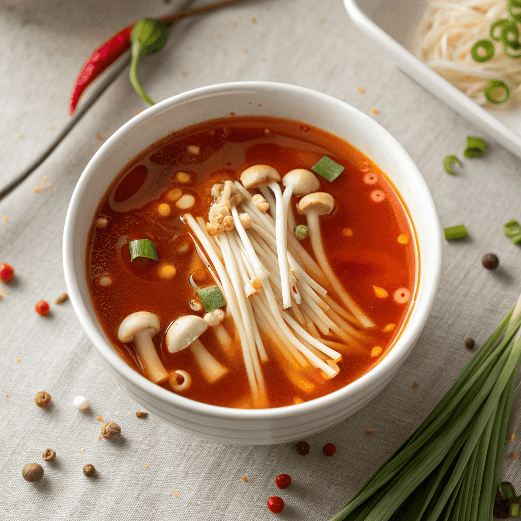 Full view of a white bowl containing tomato enoki mushroom soup with red broth, green onions, and chili oil droplets.