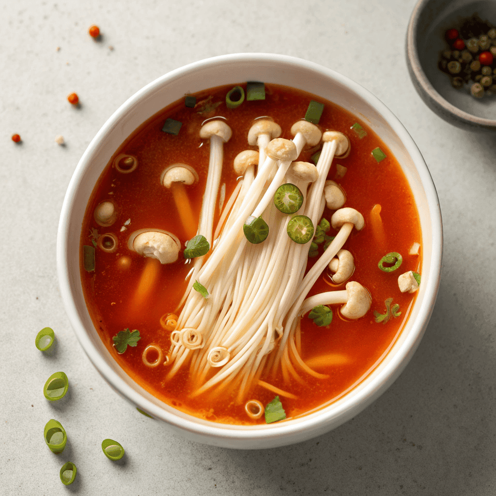 Top-down hero shot of tomato enoki mushroom soup with red broth, chili oil droplets, and enoki mushrooms lifted by a white spoon.