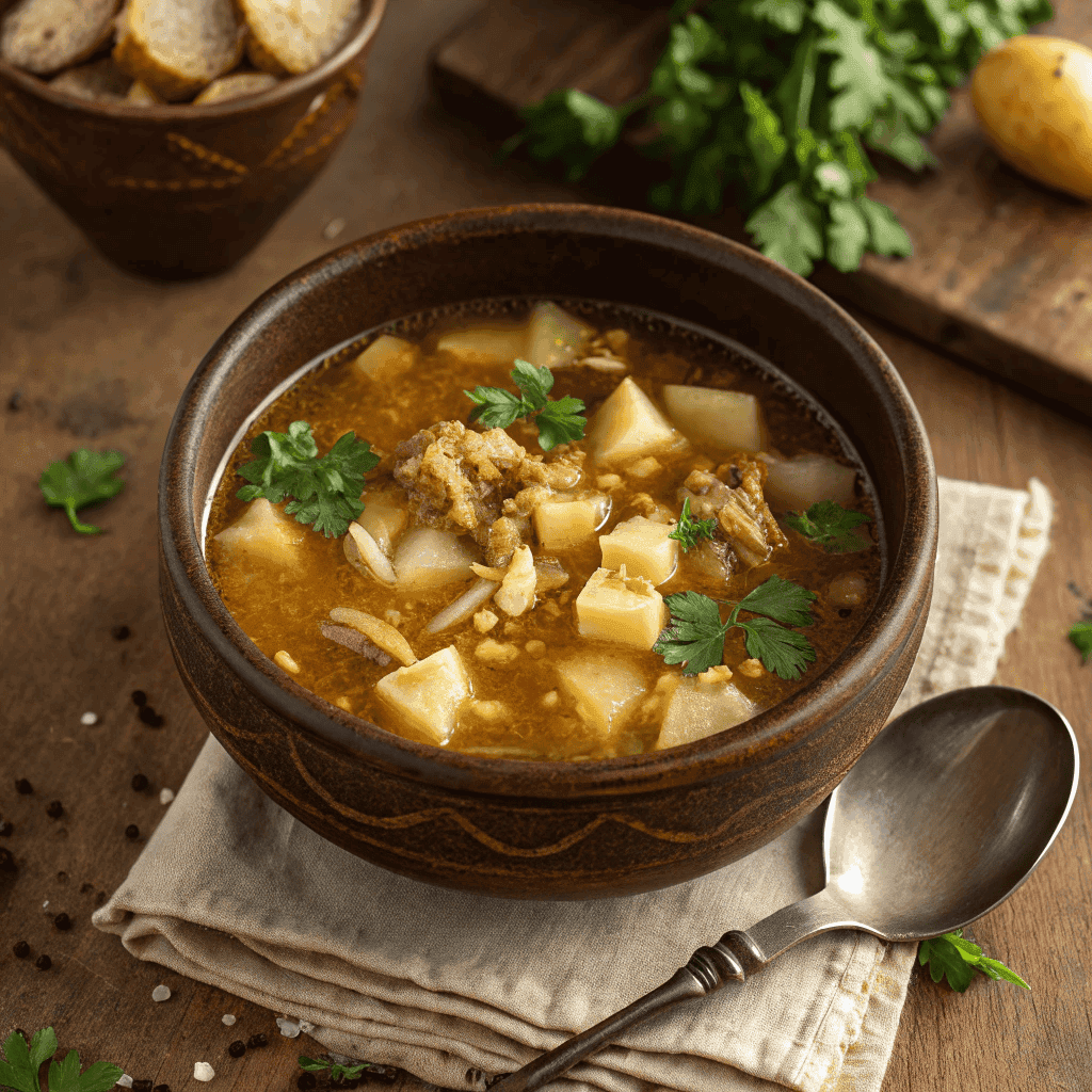 Full view of a bowl of traditional tripe soup with golden broth, tripe pieces, potatoes, parsley garnish, and spoon.