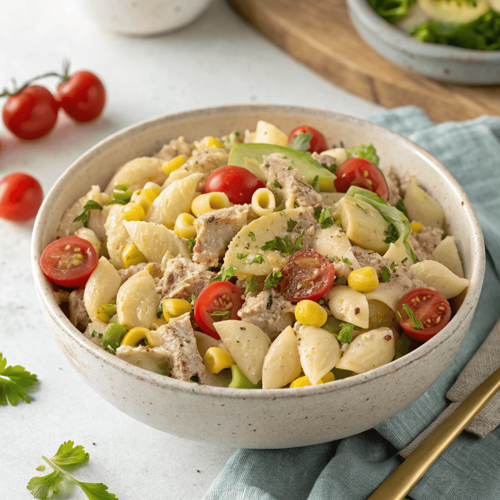 Full view of tuna pasta salad in a ceramic bowl with shell pasta, tuna, avocado, corn, tomatoes, and creamy dressing.