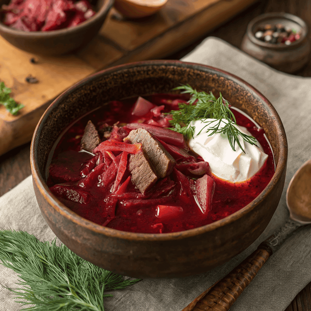 Full view of Ukrainian borscht showing beet-red broth, vegetables, sour cream topping, and dill garnish.
