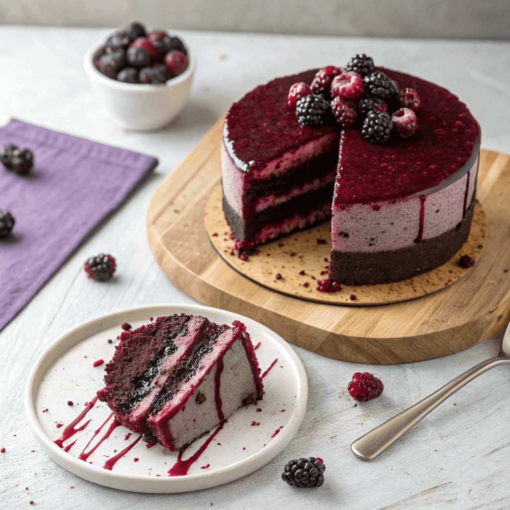 Top-down view of a blackberry velvet cake with glossy glaze and fresh blackberry topping.