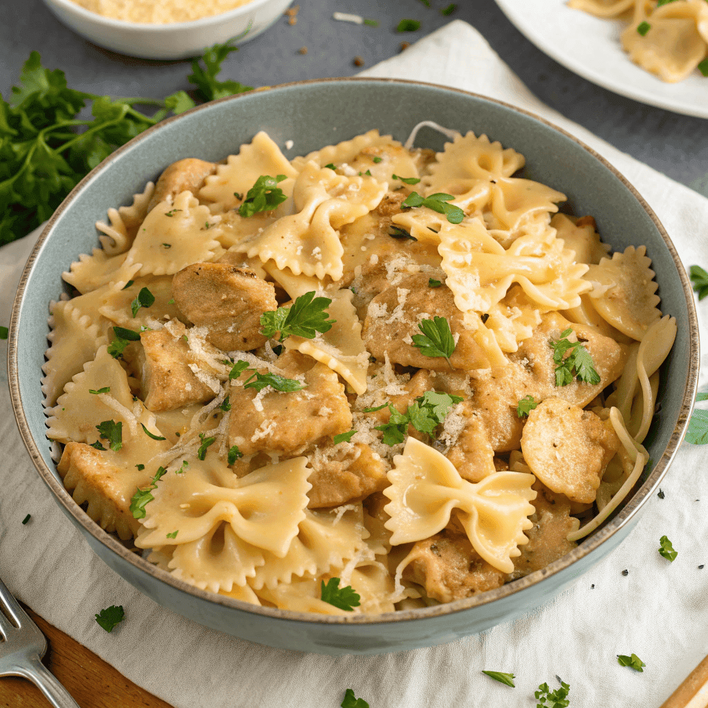 Top-down view of Cajun chicken bowtie pasta with creamy parmesan sauce.